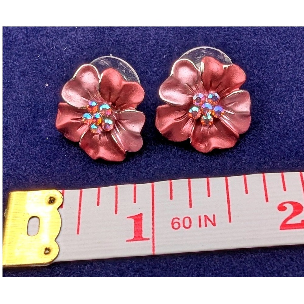 Pink Floral Stud Earrings Iridescent Rhinestone Center Rose Gold Tone Flower